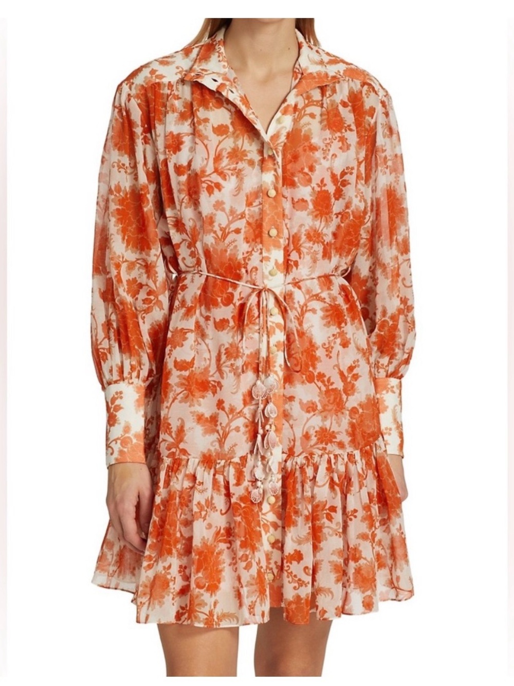 Zimmermann Orange and White Floral Tiered Long Sleeve Mini Dress with High Neck